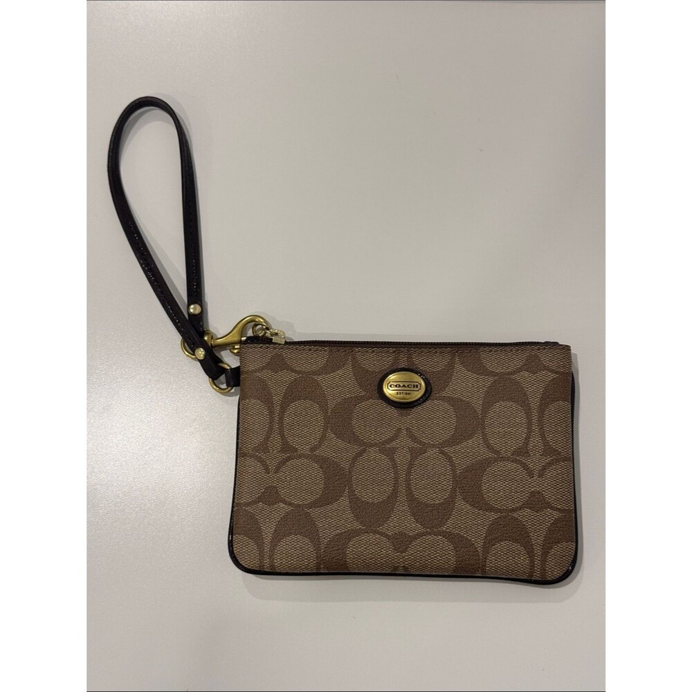 Coach Brown Signature Canvas Wristlet with Gold Hardware